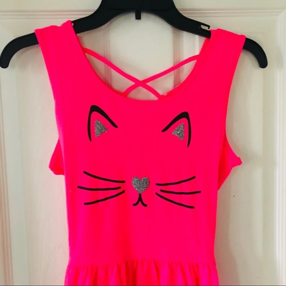 NWOT justice neon pink glitter cat kitty maxi sleeveless dress Size 18 / 20